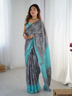 Jyoti Fashion Women's Grey Chinon Digital Printed Designer Saree with Blouse | Grocsy