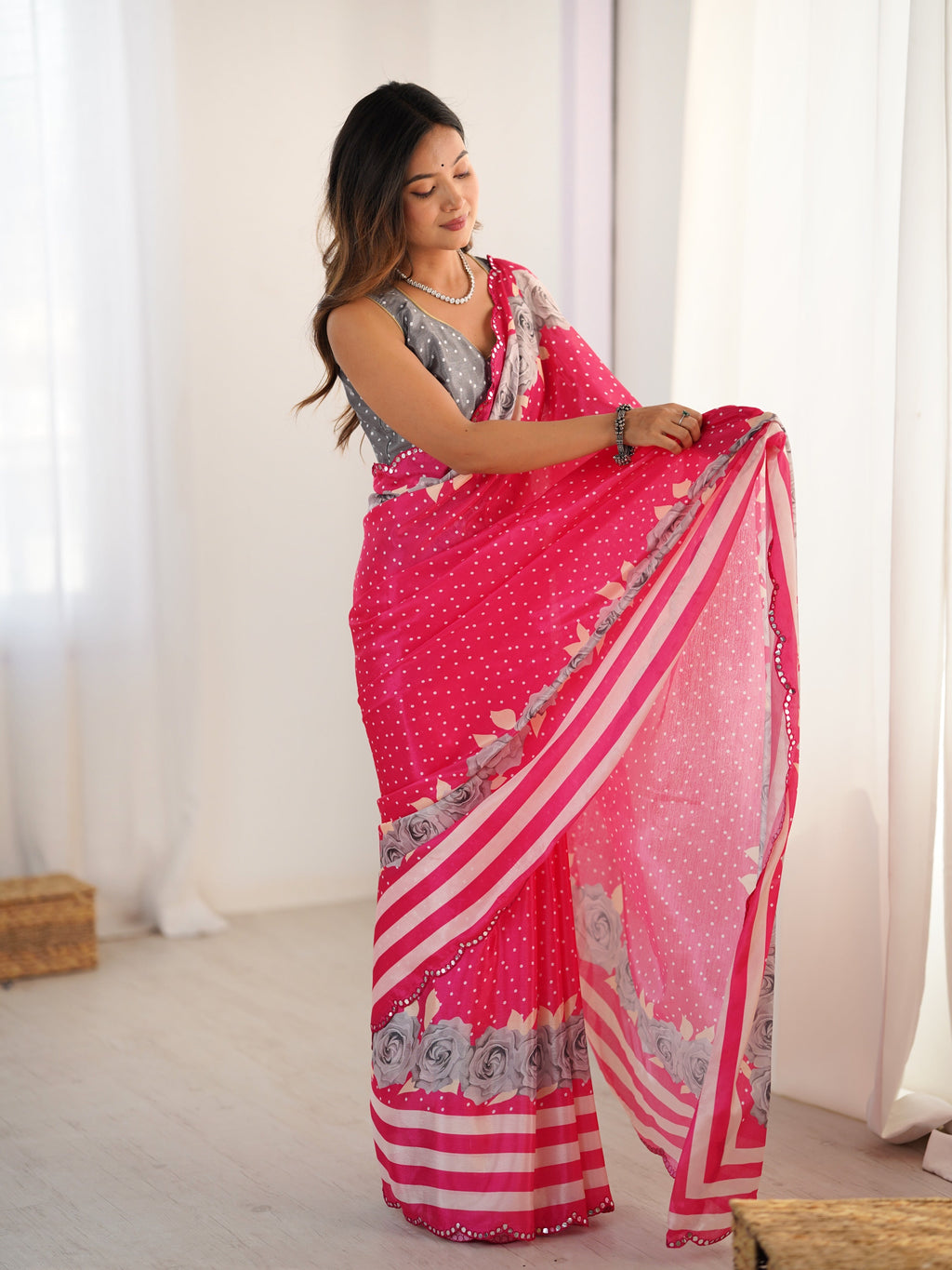 Jyoti Fashion Women's Pink Chinon Digital Printed Designer Saree with Blouse | Grocsy