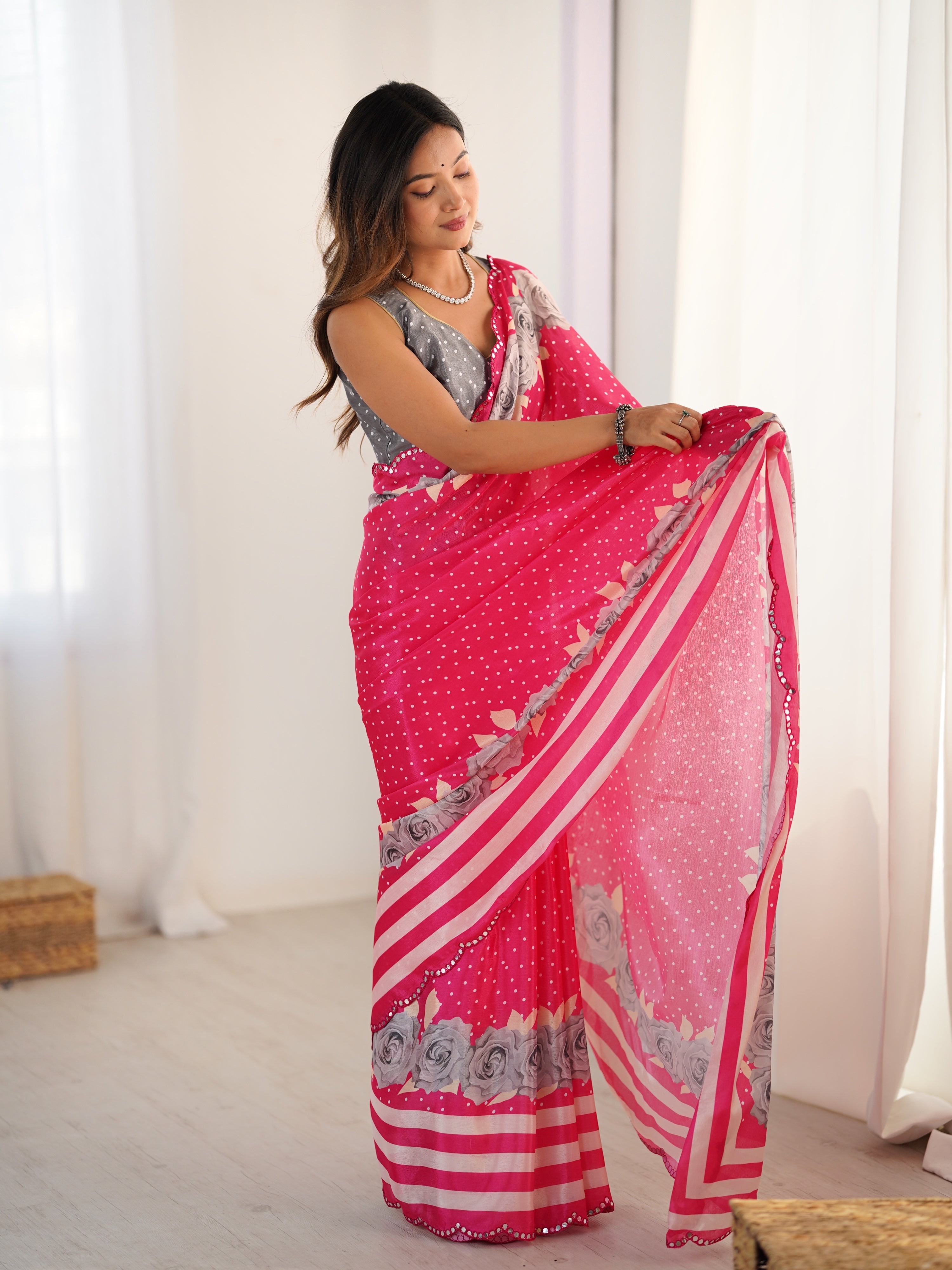 Jyoti Fashion Women's Pink Chinon Digital Printed Designer Saree with Blouse | Grocsy