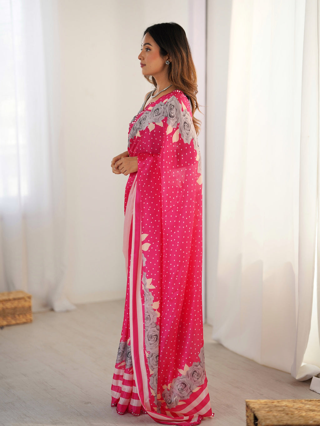 Jyoti Fashion Women's Pink Chinon Digital Printed Designer Saree with Blouse | Grocsy
