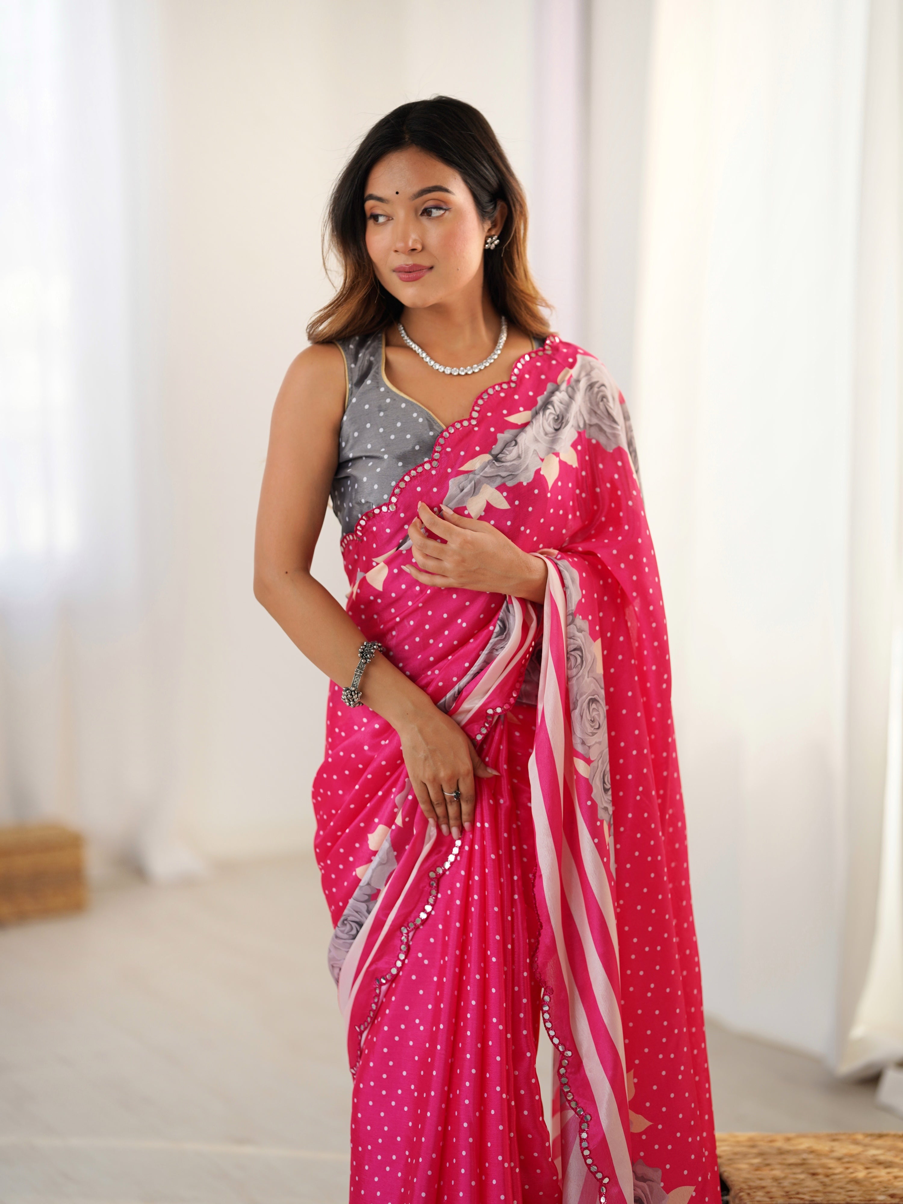 Jyoti Fashion Women's Pink Chinon Digital Printed Designer Saree with Blouse | Grocsy