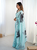Jyoti Fashion Women's Sea Green Chinon Digital Printed Designer Saree with Blouse | Grocsy