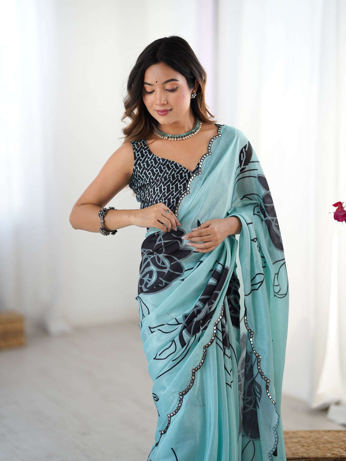 Jyoti Fashion Women's Sea Green Chinon Digital Printed Designer Saree with Blouse | Grocsy