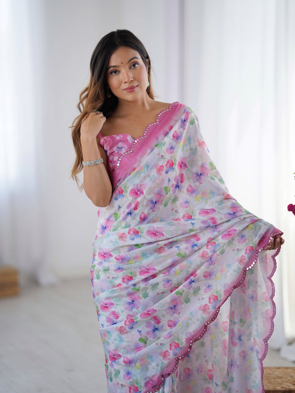 Jyoti Fashion Women's Multicolor Chinon Digital Printed Designer Saree with Blouse | Grocsy