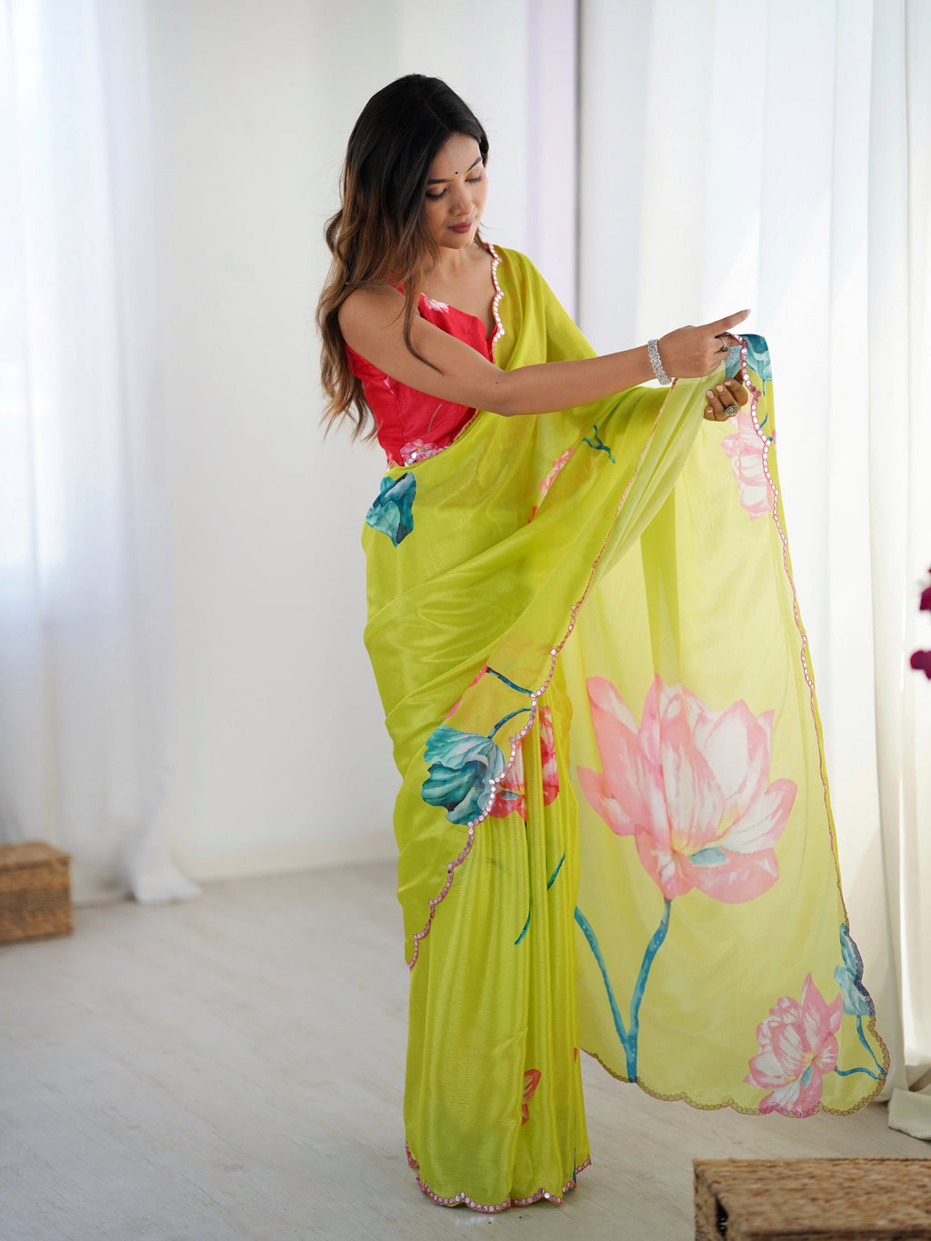 Jyoti Fashion Women's Parrot Green Chinon Digital Printed Designer Saree with Blouse | Grocsy