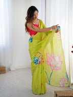 Jyoti Fashion Women's Parrot Green Chinon Digital Printed Designer Saree with Blouse | Grocsy
