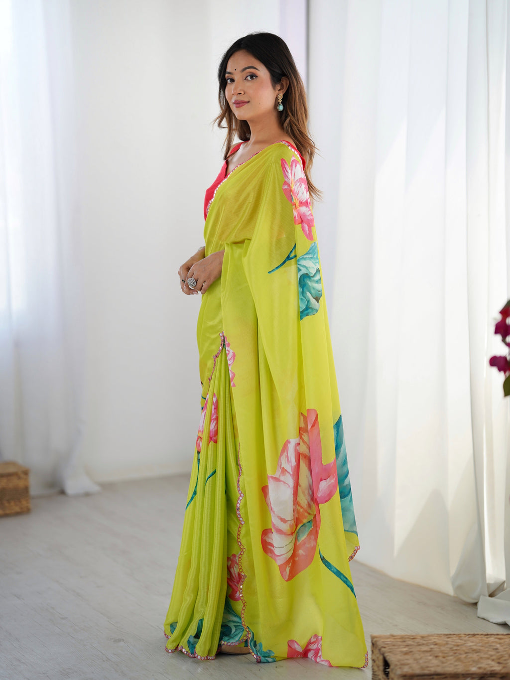 Jyoti Fashion Women's Parrot Green Chinon Digital Printed Designer Saree with Blouse | Grocsy