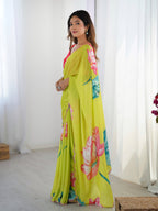 Jyoti Fashion Women's Parrot Green Chinon Digital Printed Designer Saree with Blouse | Grocsy