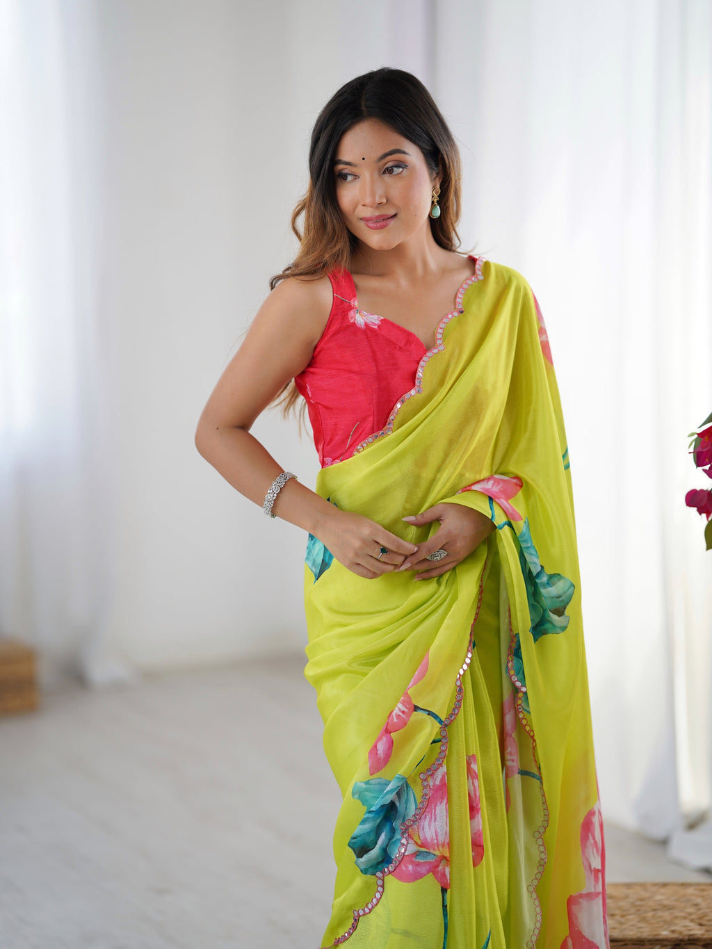 Jyoti Fashion Women's Parrot Green Chinon Digital Printed Designer Saree with Blouse | Grocsy