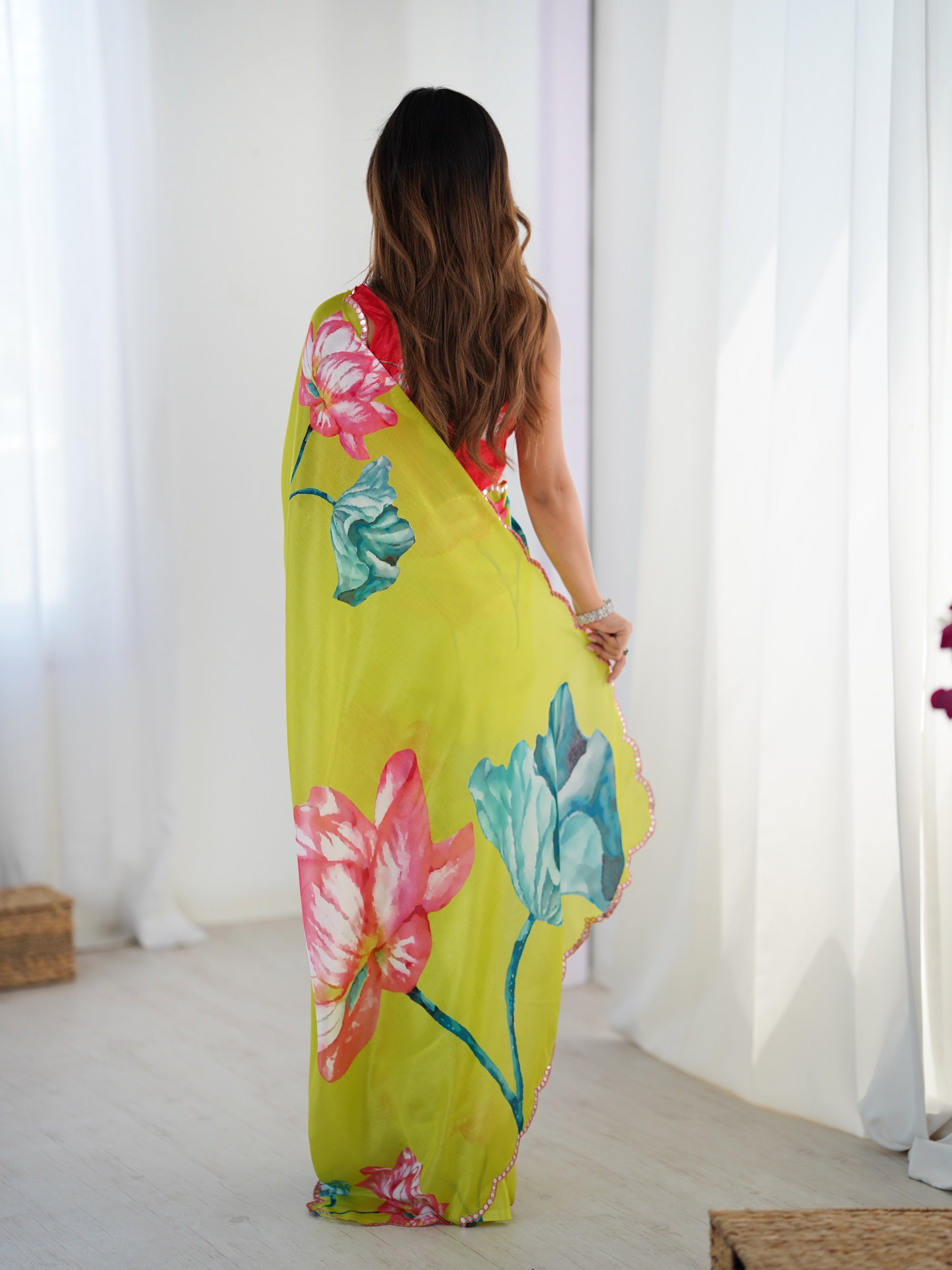 Jyoti Fashion Women's Parrot Green Chinon Digital Printed Designer Saree with Blouse | Grocsy