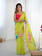 Jyoti Fashion Women's Parrot Green Chinon Digital Printed Designer Saree with Blouse | Grocsy