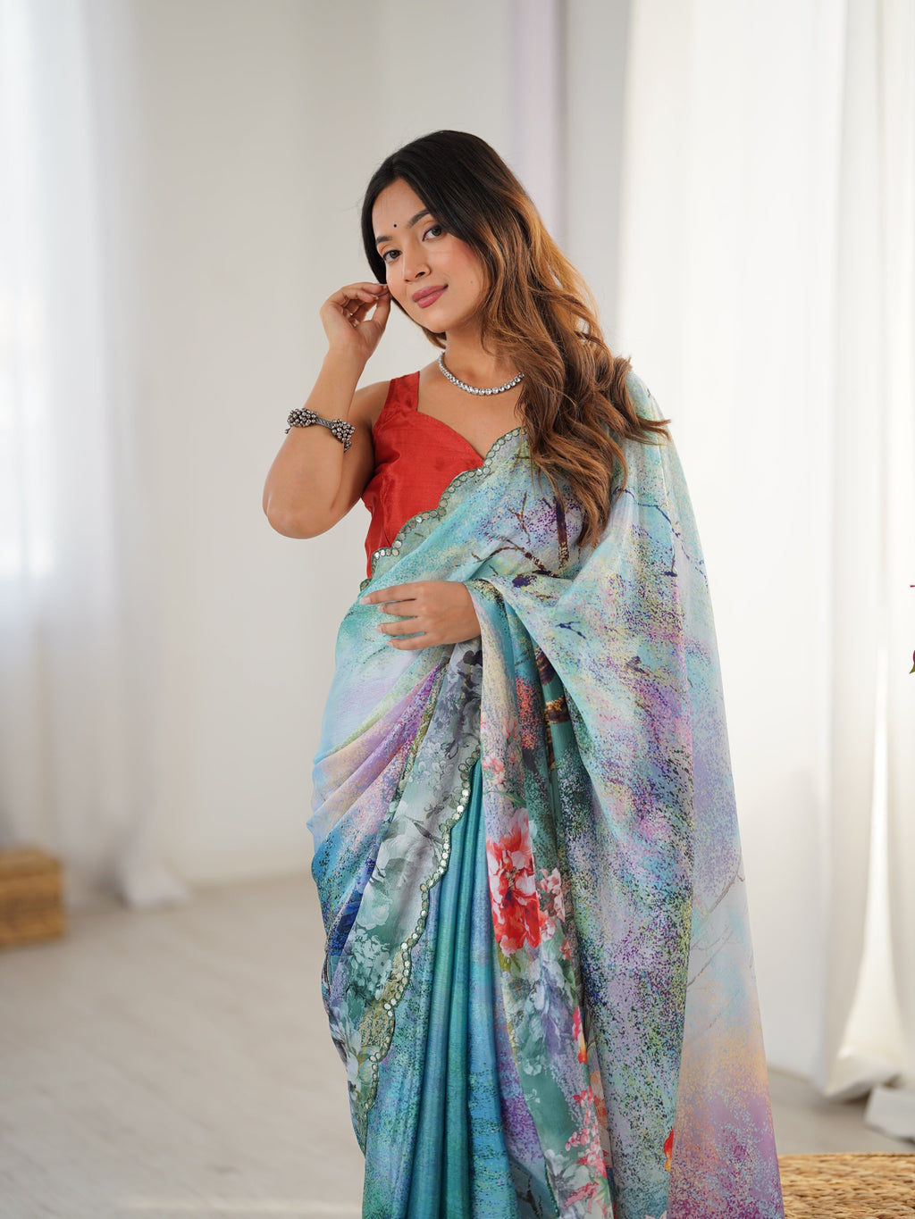 Jyoti Fashion Women's Multicolor Chinon Digital Printed Designer Saree with Blouse | Grocsy