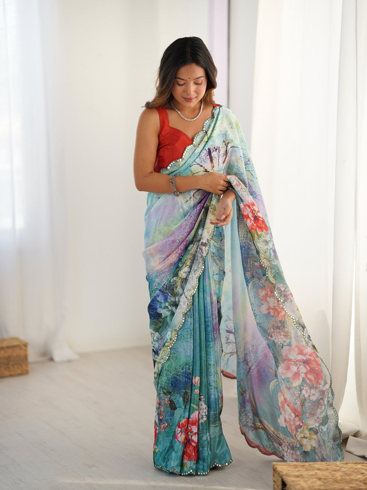 Jyoti Fashion Women's Multicolor Chinon Digital Printed Designer Saree with Blouse | Grocsy