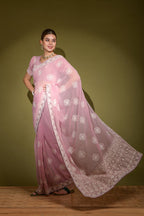 Jyoti Fashion Women's Purple Lakhnavi Thread work Georgette Saree with Blouse | Grocsy