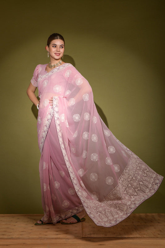Jyoti Fashion Women's Purple Lakhnavi Thread work Georgette Saree with Blouse | Grocsy