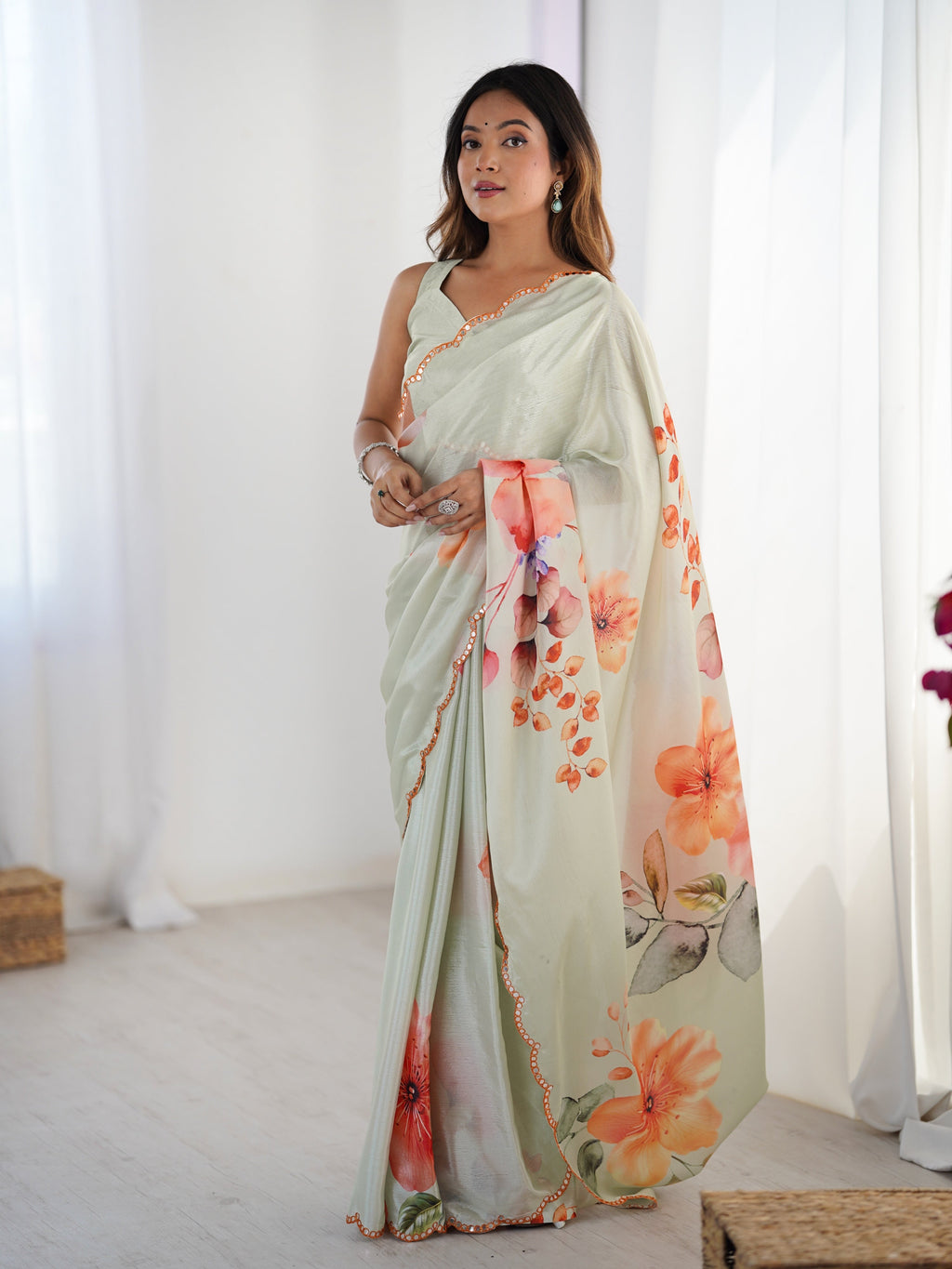 Jyoti Fashion Women's Pista Green Chinon Digital Printed Designer Saree with Blouse | Grocsy