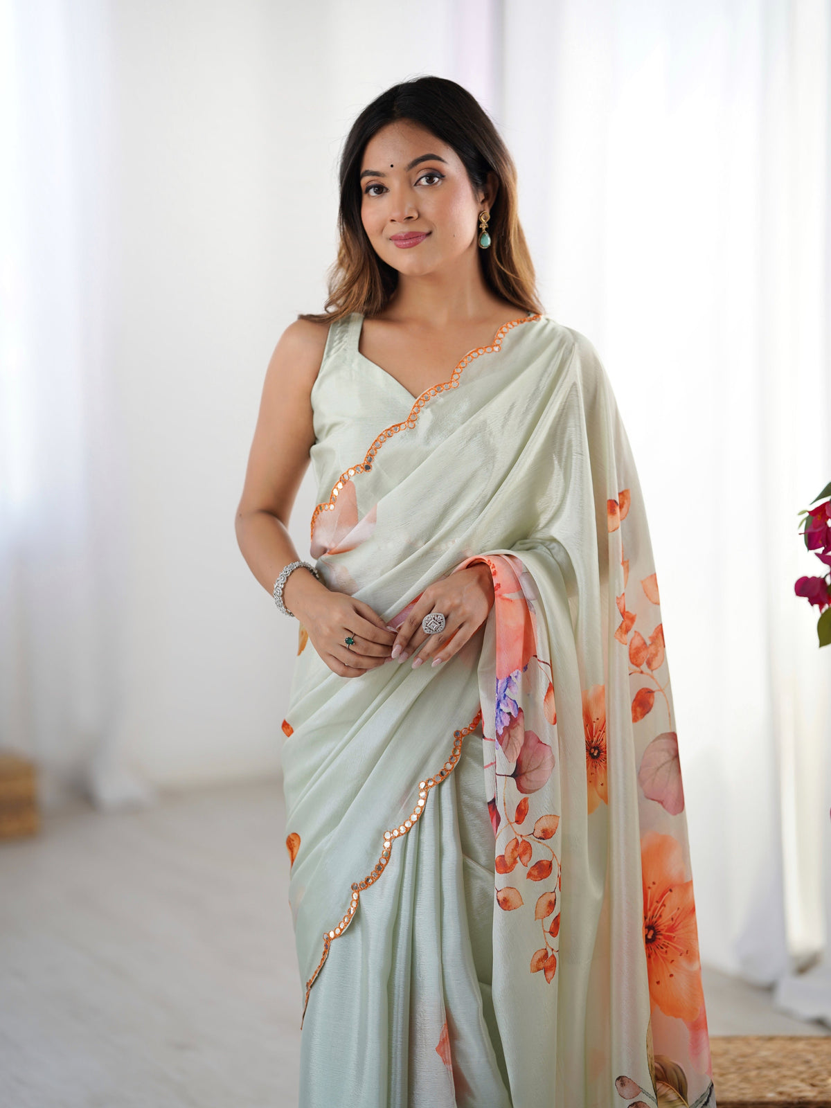 Jyoti Fashion Women's Pista Green Chinon Digital Printed Designer Saree with Blouse | Grocsy