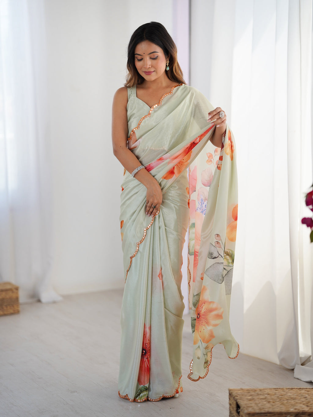 Jyoti Fashion Women's Pista Green Chinon Digital Printed Designer Saree with Blouse | Grocsy