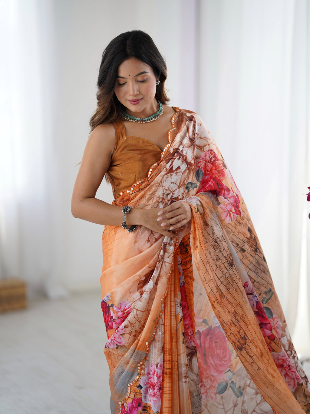 Jyoti Fashion Women's Multicolor Chinon Digital Printed Designer Saree with Blouse | Grocsy