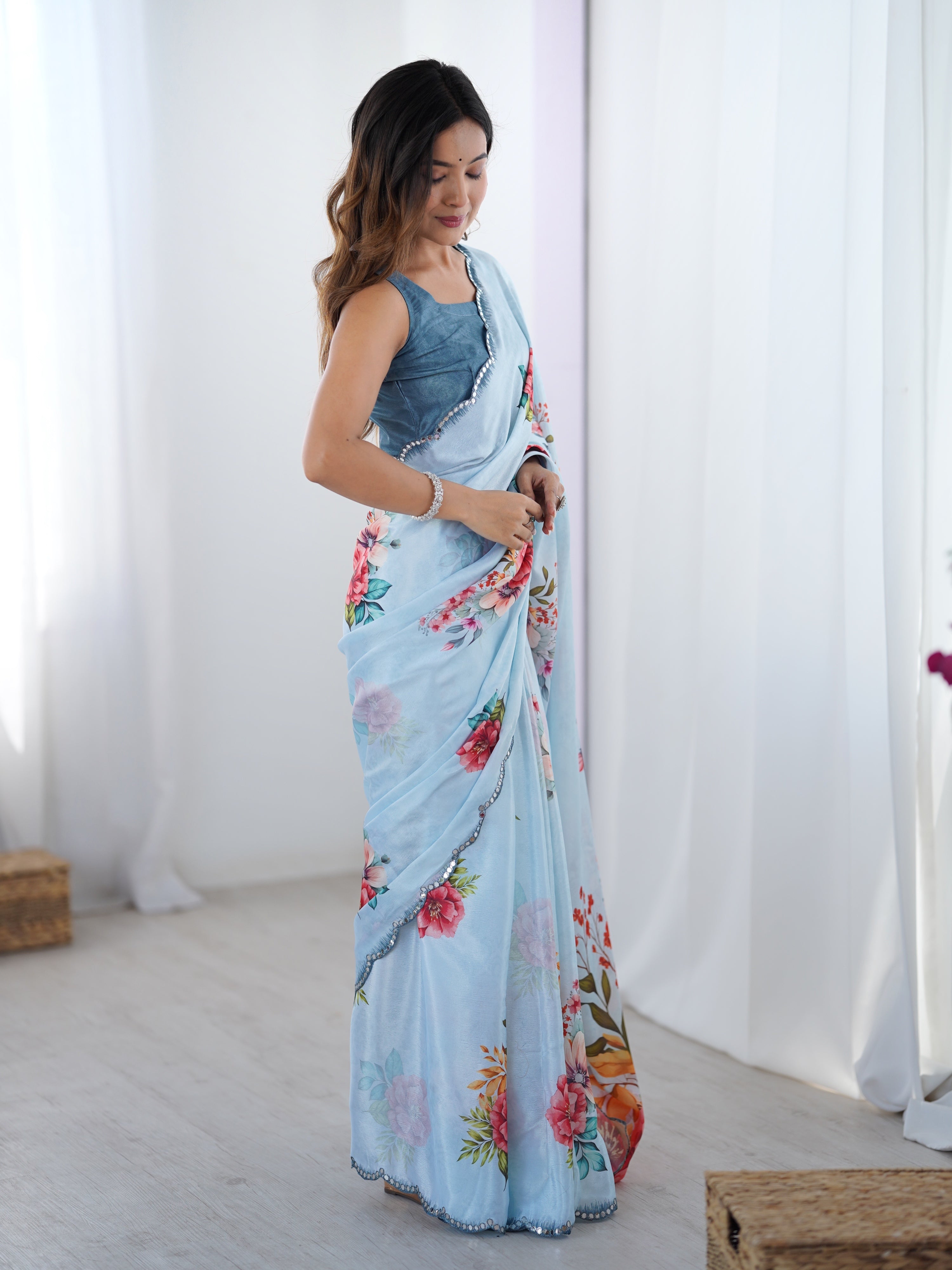 Jyoti Fashion Women's Sky Blue Chinon Digital Printed Designer Saree with Blouse | Grocsy