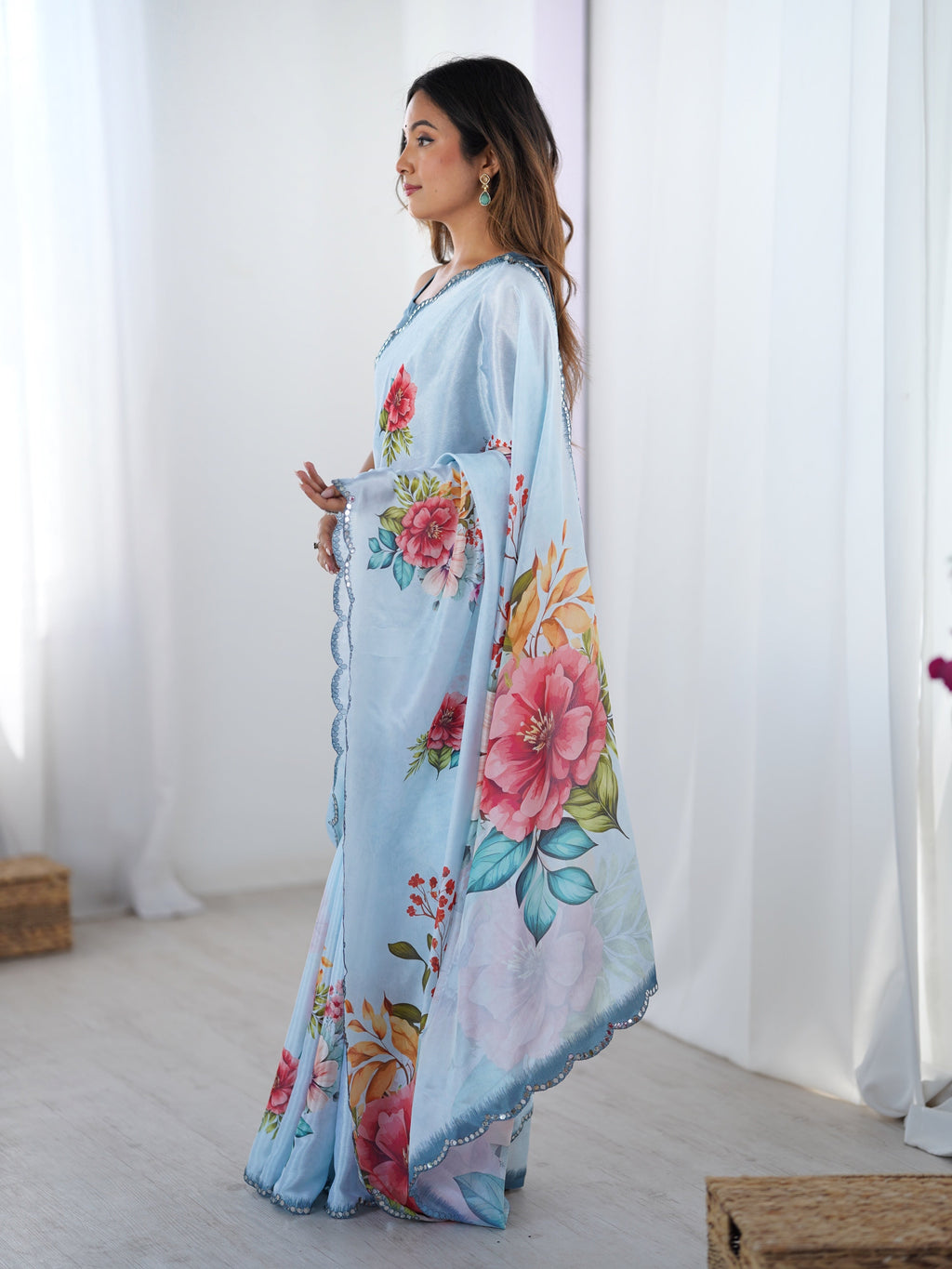 Jyoti Fashion Women's Sky Blue Chinon Digital Printed Designer Saree with Blouse | Grocsy
