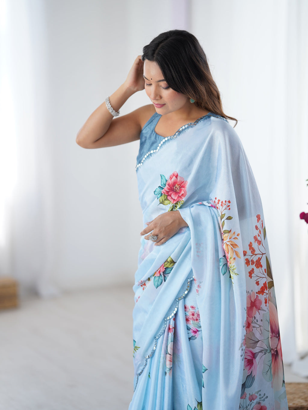 Jyoti Fashion Women's Sky Blue Chinon Digital Printed Designer Saree with Blouse | Grocsy