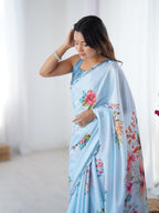 Jyoti Fashion Women's Sky Blue Chinon Digital Printed Designer Saree with Blouse | Grocsy
