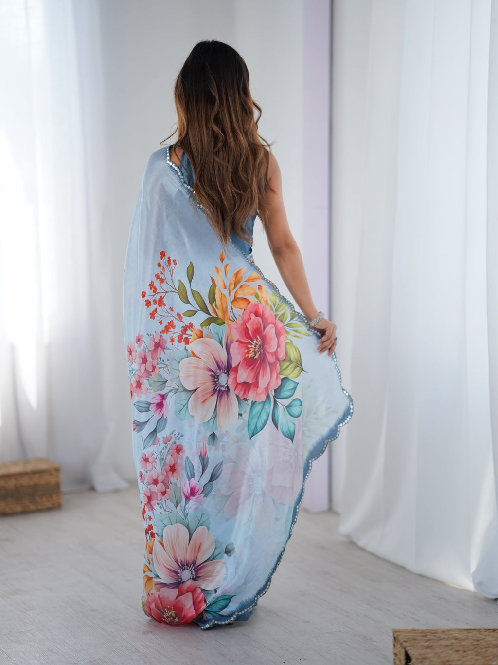Jyoti Fashion Women's Sky Blue Chinon Digital Printed Designer Saree with Blouse | Grocsy