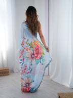 Jyoti Fashion Women's Sky Blue Chinon Digital Printed Designer Saree with Blouse | Grocsy