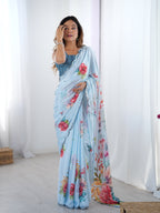 Jyoti Fashion Women's Sky Blue Chinon Digital Printed Designer Saree with Blouse | Grocsy