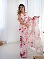 Jyoti Fashion Women's Baby Pink Chinon Digital Printed Designer Saree with Blouse | Grocsy