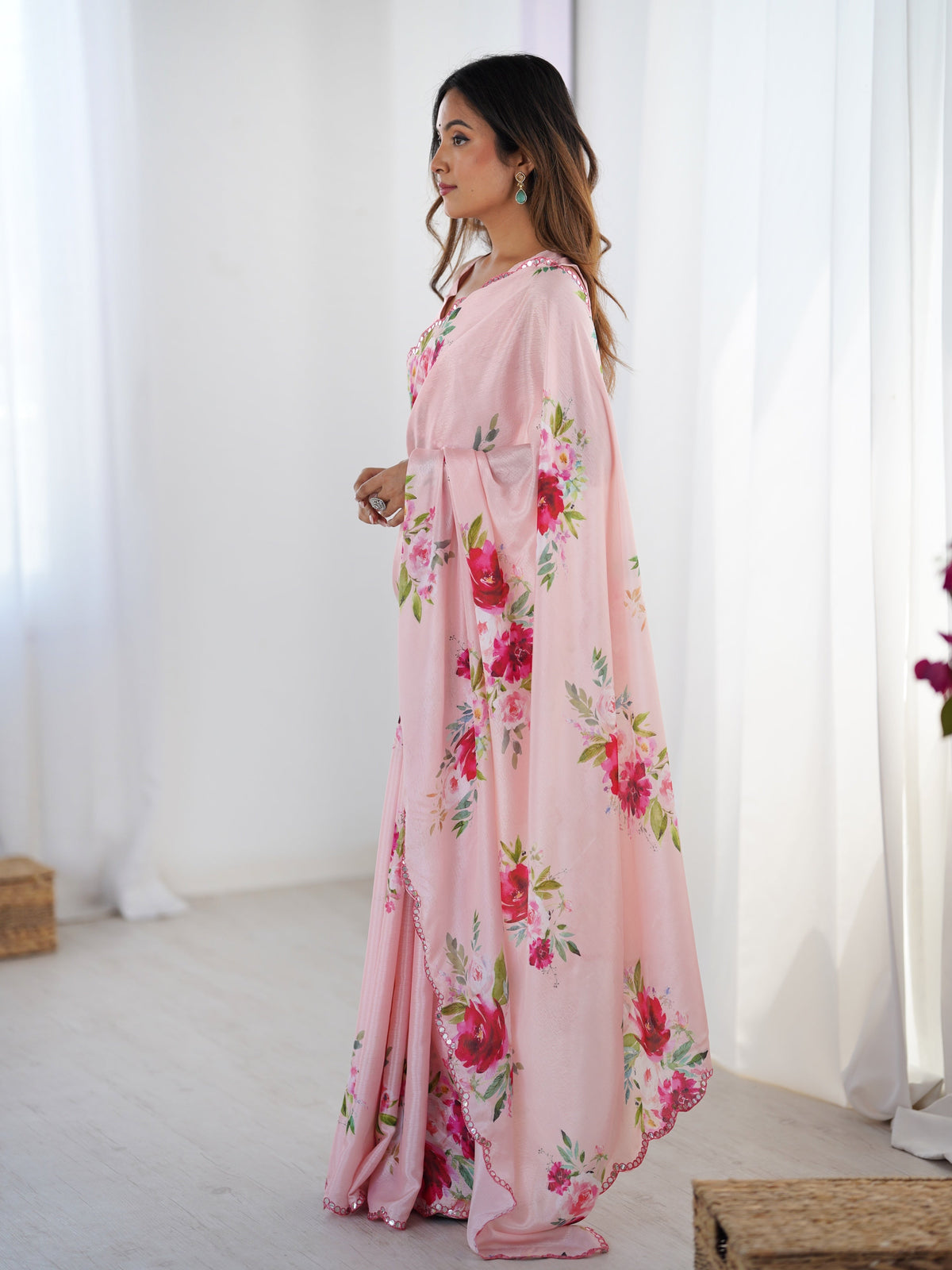 Jyoti Fashion Women's Baby Pink Chinon Digital Printed Designer Saree with Blouse | Grocsy