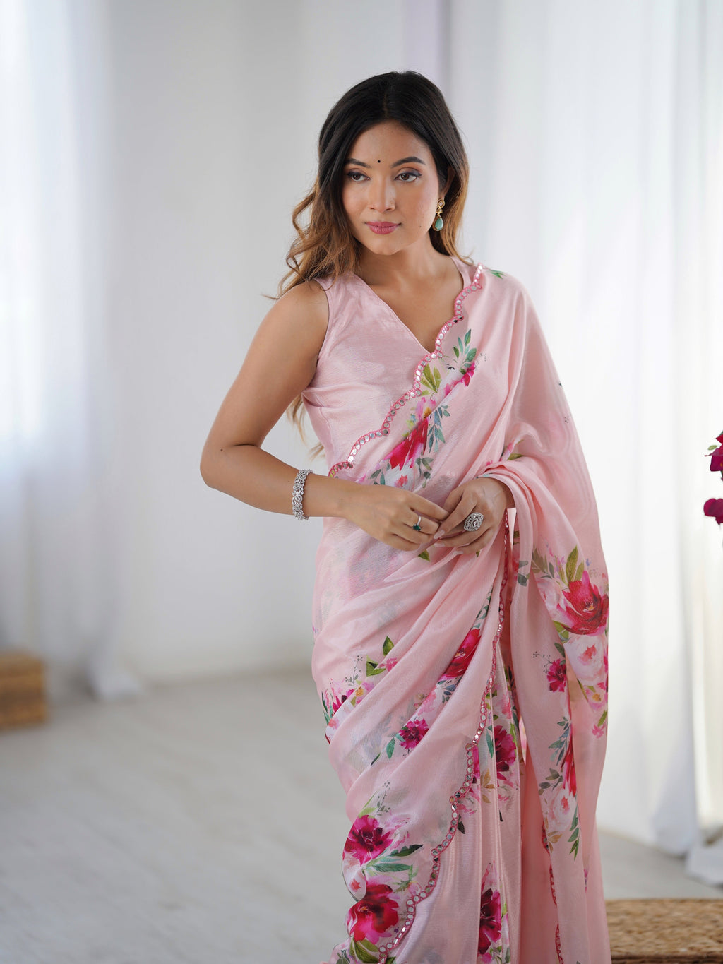 Jyoti Fashion Women's Baby Pink Chinon Digital Printed Designer Saree with Blouse | Grocsy