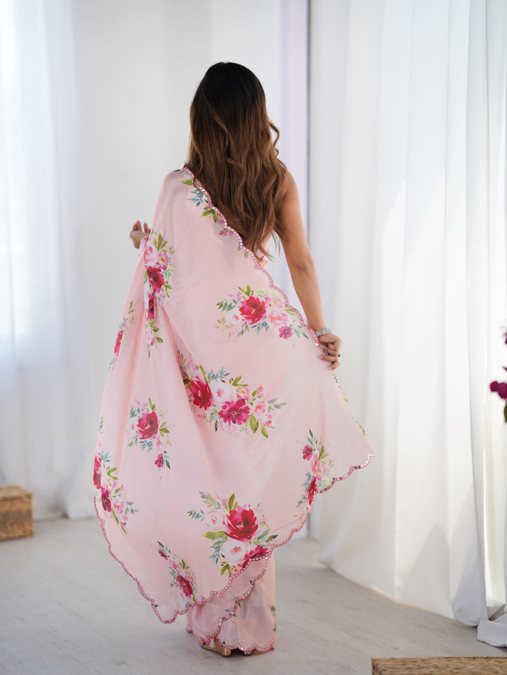 Jyoti Fashion Women's Baby Pink Chinon Digital Printed Designer Saree with Blouse | Grocsy