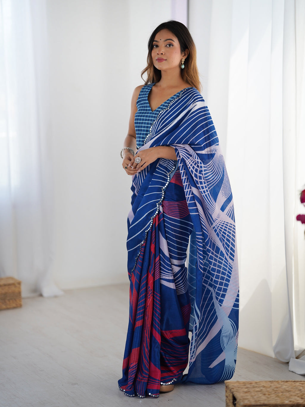 Jyoti Fashion Women's Blue Chinon Digital Printed Designer Saree with Blouse | Grocsy