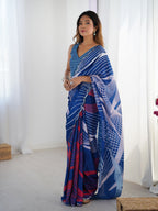 Jyoti Fashion Women's Blue Chinon Digital Printed Designer Saree with Blouse | Grocsy