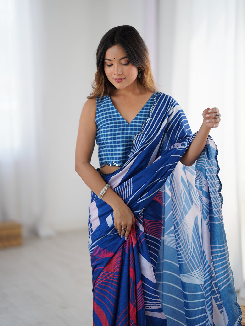 Jyoti Fashion Women's Blue Chinon Digital Printed Designer Saree with Blouse | Grocsy
