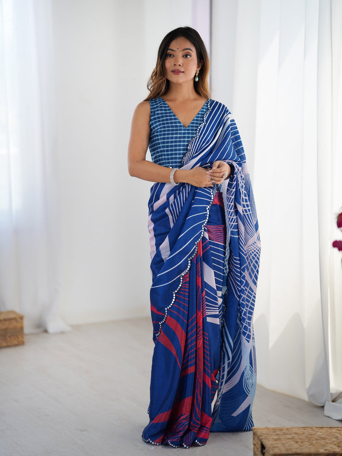 Jyoti Fashion Women's Blue Chinon Digital Printed Designer Saree with Blouse | Grocsy