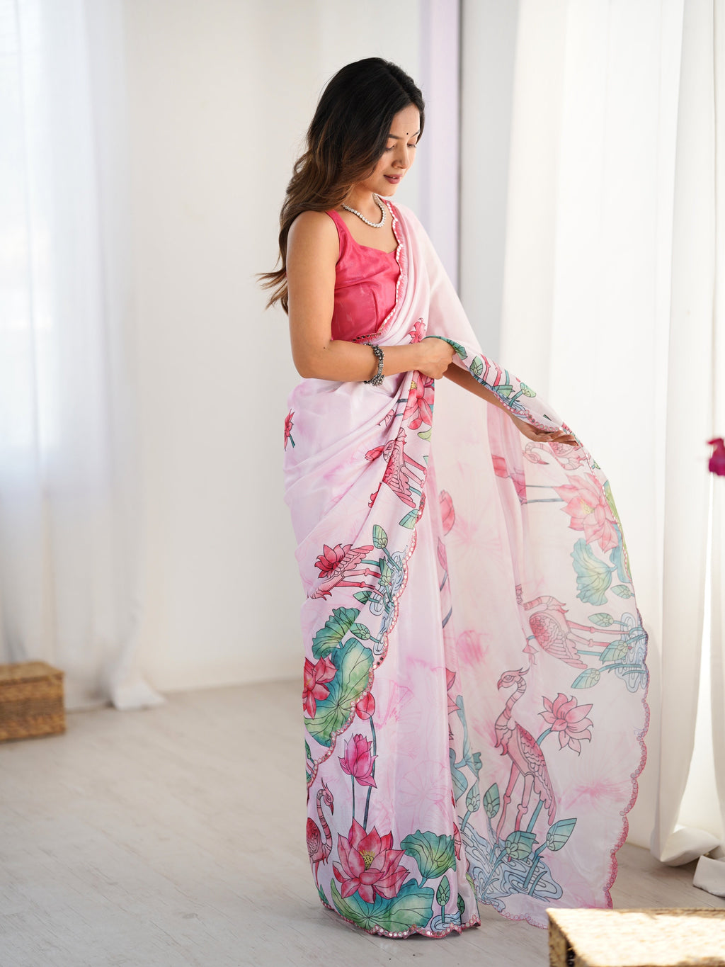 Jyoti Fashion Women's Pink Chinon Digital Printed Designer Saree with Blouse | Grocsy