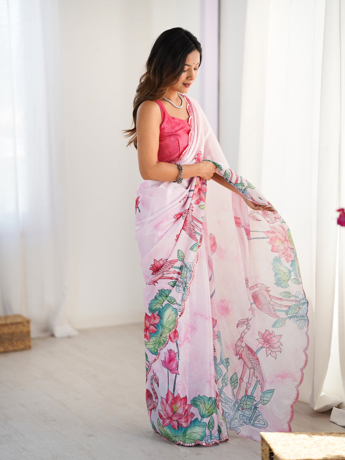 Jyoti Fashion Women's Pink Chinon Digital Printed Designer Saree with Blouse | Grocsy