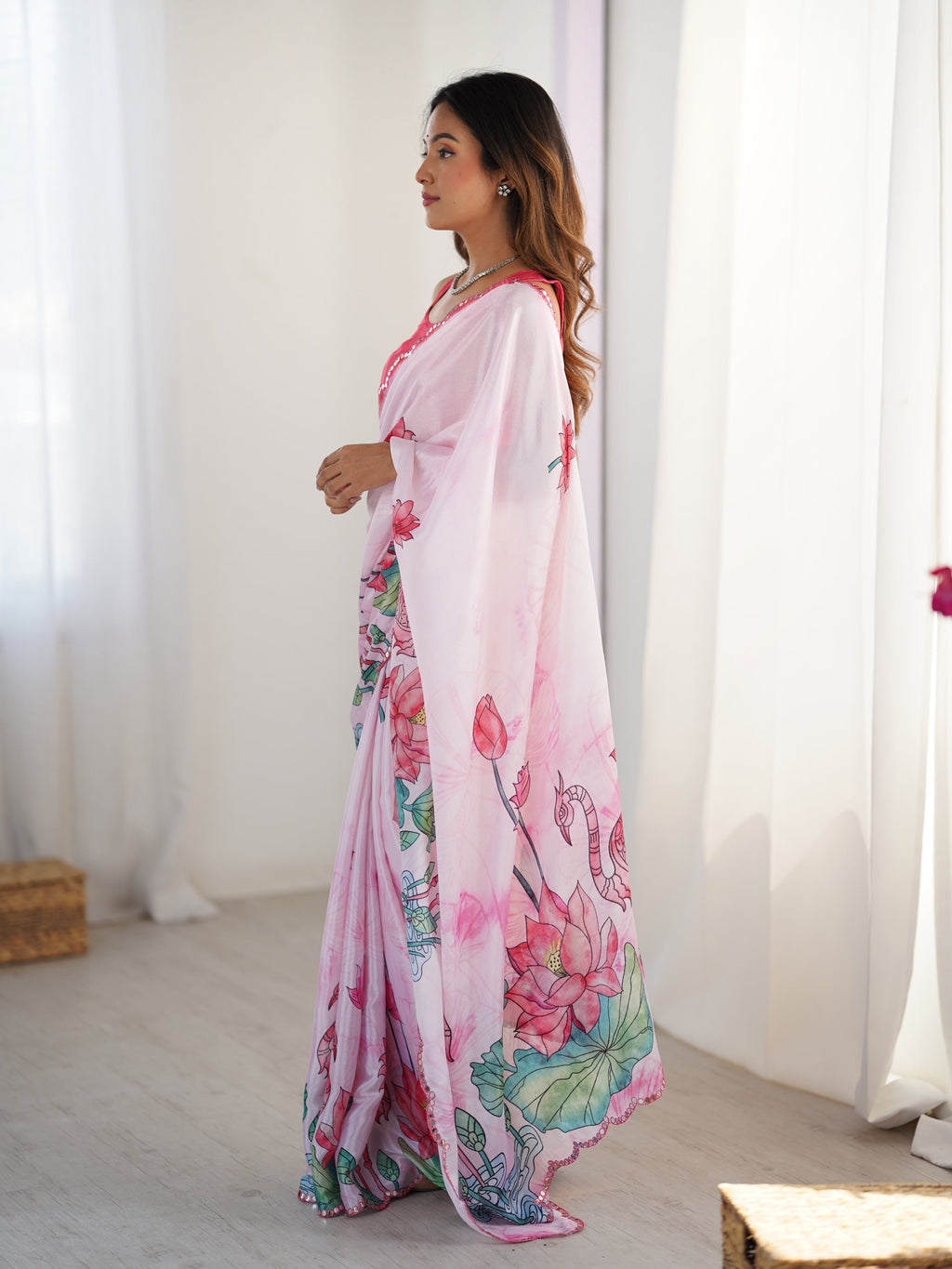 Jyoti Fashion Women's Pink Chinon Digital Printed Designer Saree with Blouse | Grocsy