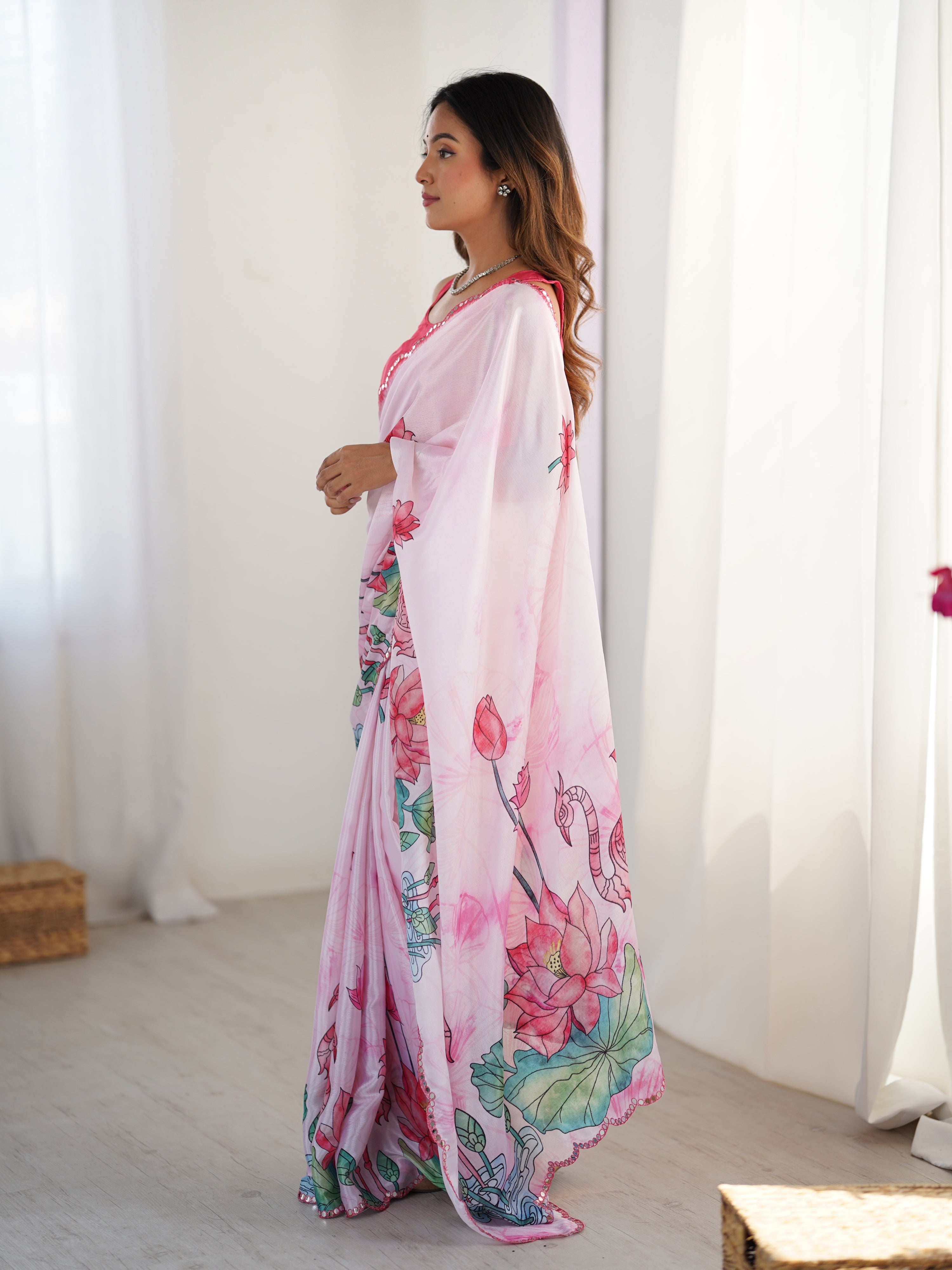 Jyoti Fashion Women's Pink Chinon Digital Printed Designer Saree with Blouse | Grocsy