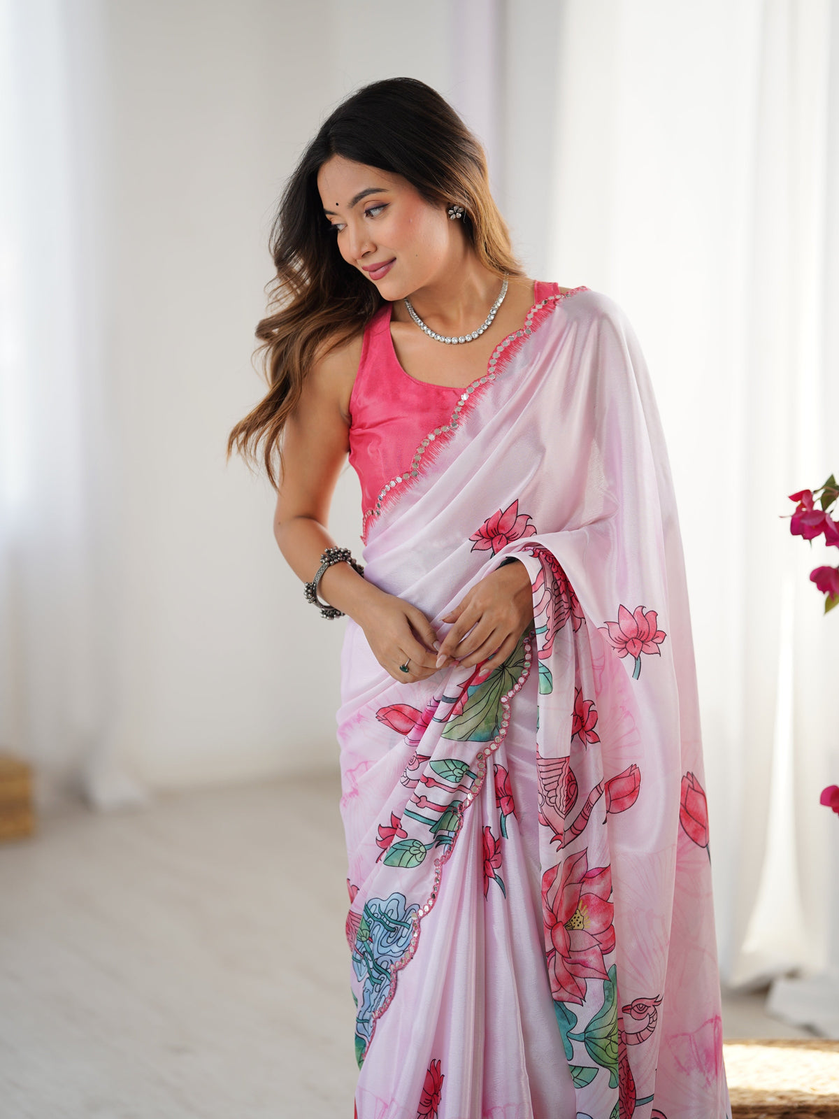 Jyoti Fashion Women's Pink Chinon Digital Printed Designer Saree with Blouse | Grocsy