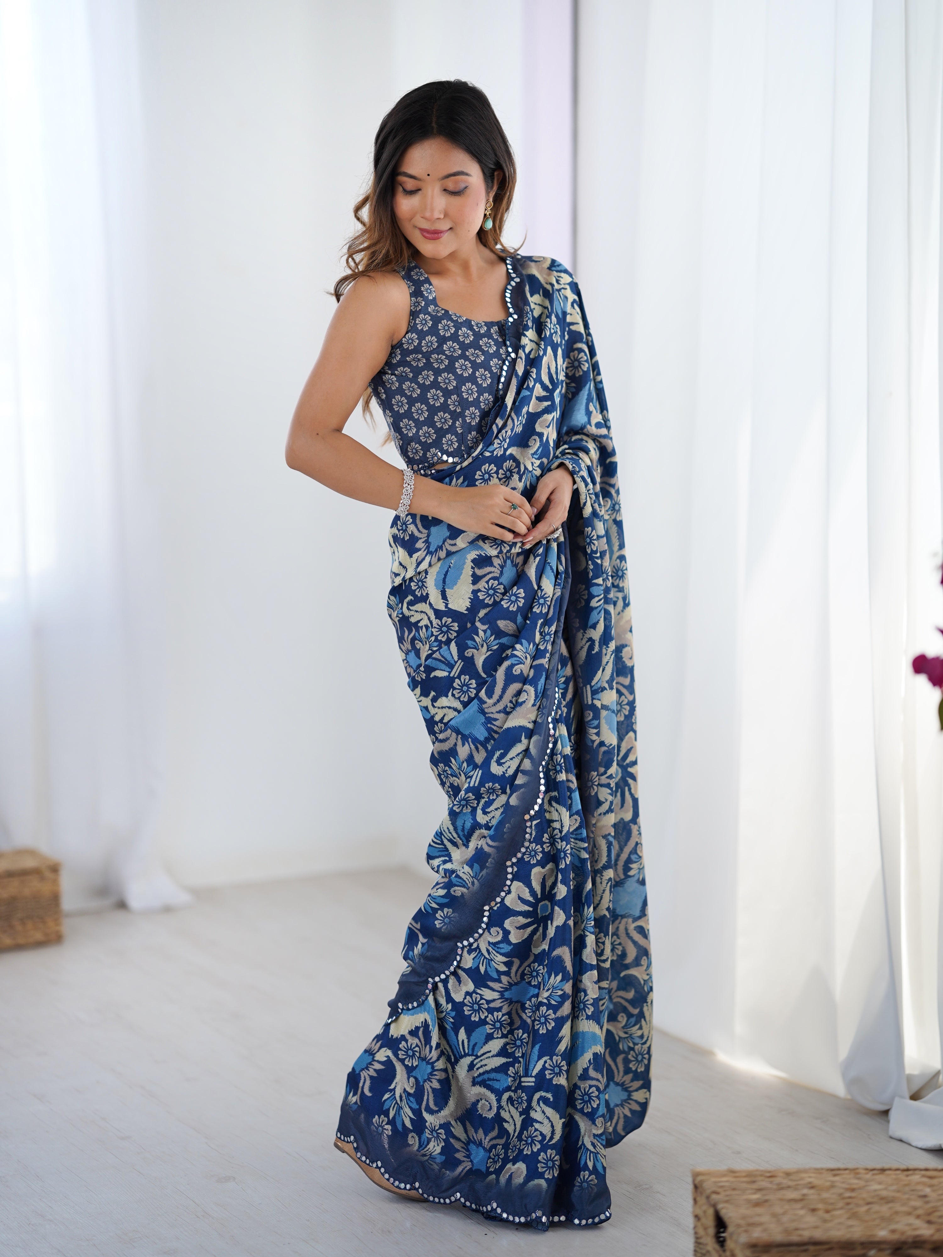Jyoti Fashion Women's Navy Blue Chinon Digital Printed Designer Saree with Blouse | Grocsy
