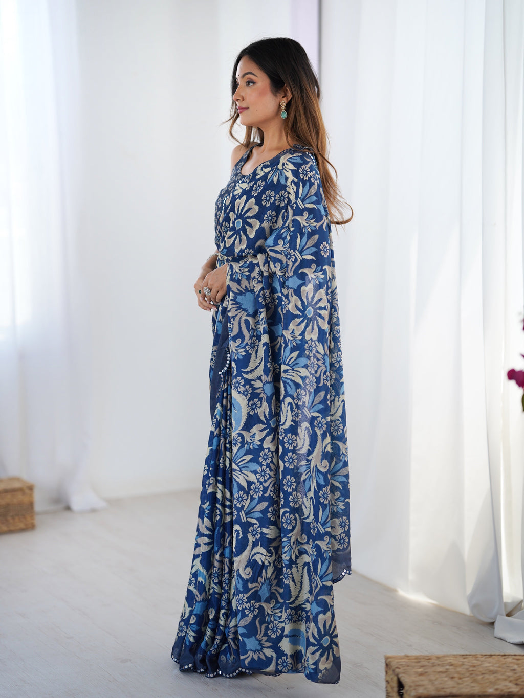 Jyoti Fashion Women's Navy Blue Chinon Digital Printed Designer Saree with Blouse | Grocsy