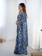 Jyoti Fashion Women's Navy Blue Chinon Digital Printed Designer Saree with Blouse | Grocsy