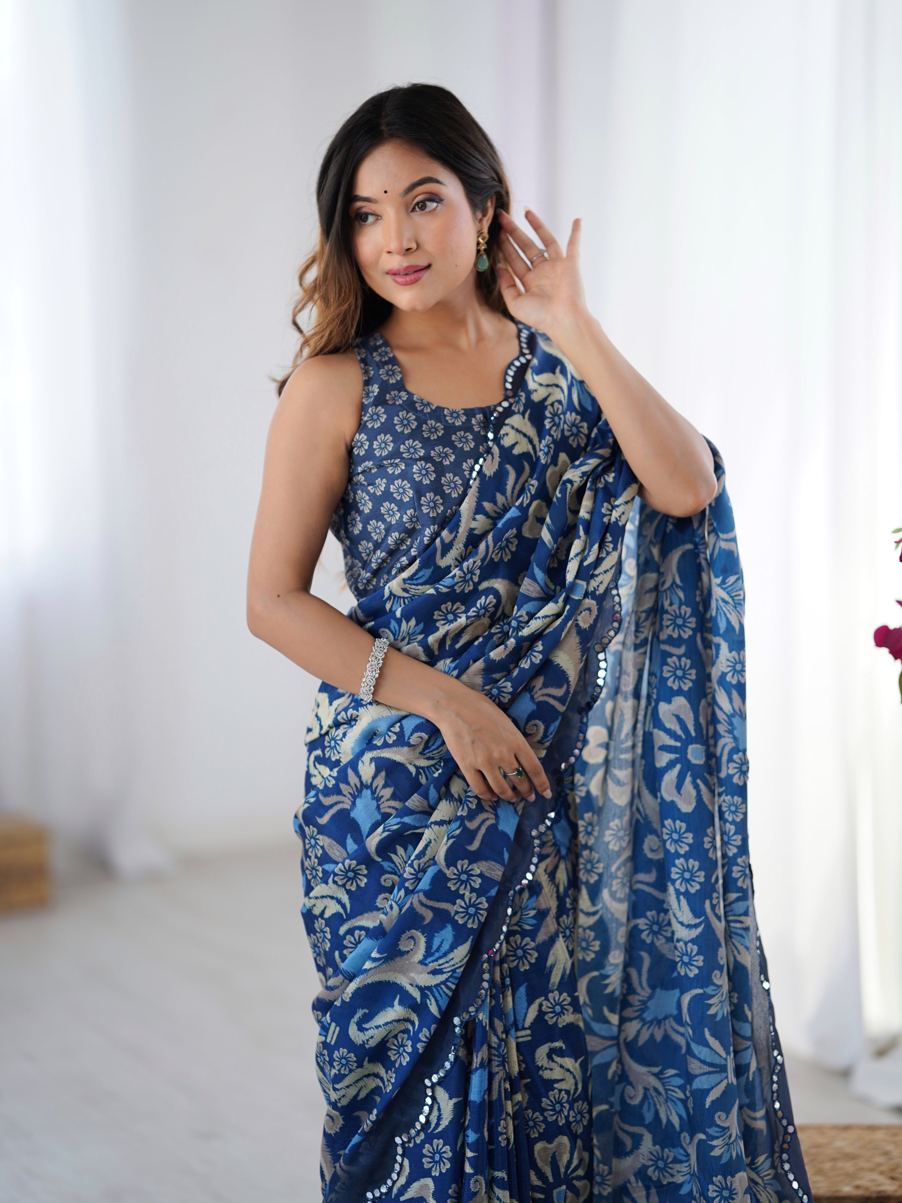 Jyoti Fashion Women's Navy Blue Chinon Digital Printed Designer Saree with Blouse | Grocsy