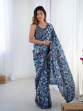 Jyoti Fashion Women's Navy Blue Chinon Digital Printed Designer Saree with Blouse | Grocsy