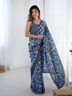Jyoti Fashion Women's Navy Blue Chinon Digital Printed Designer Saree with Blouse | Grocsy