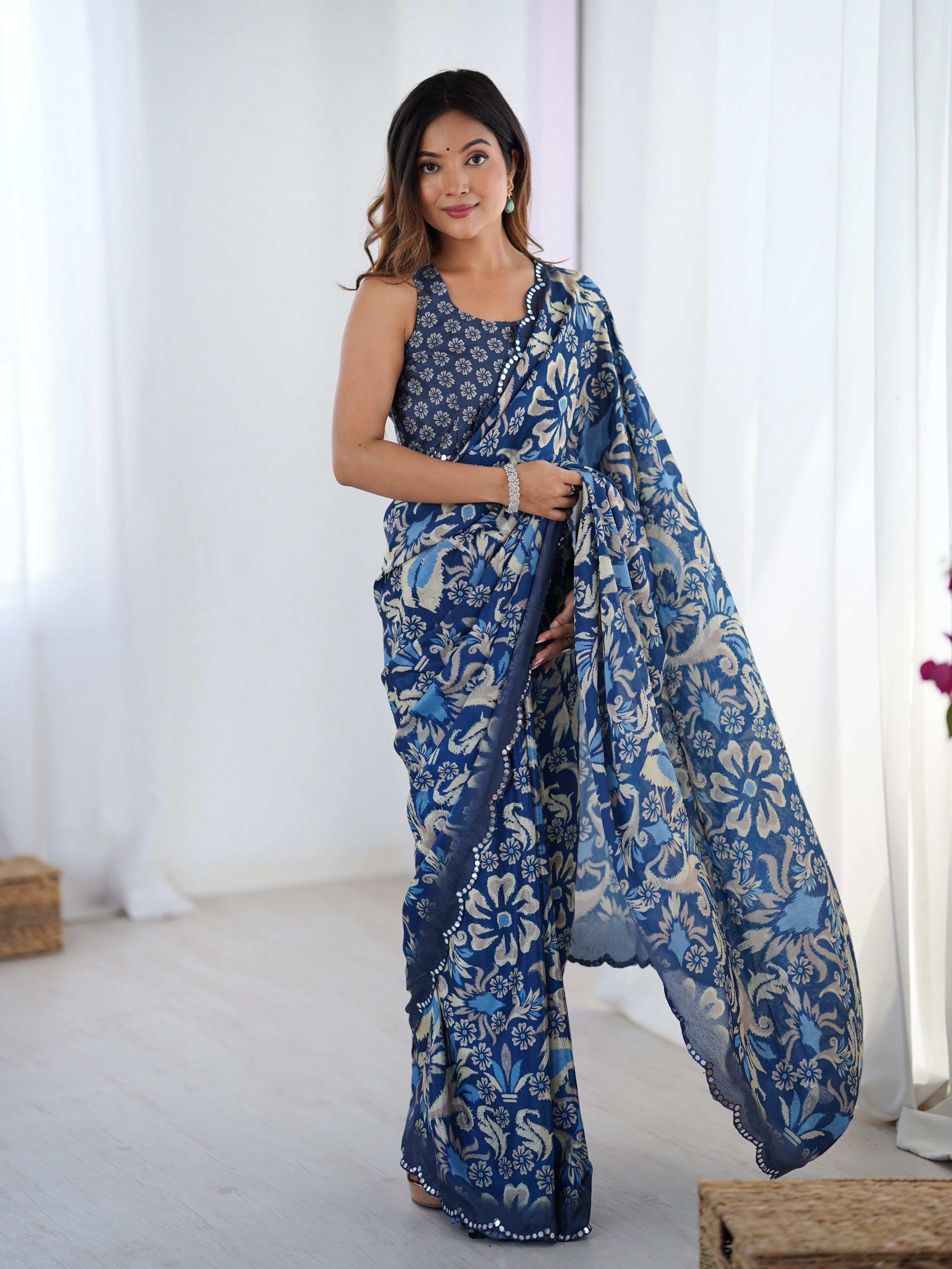 Jyoti Fashion Women's Navy Blue Chinon Digital Printed Designer Saree with Blouse | Grocsy